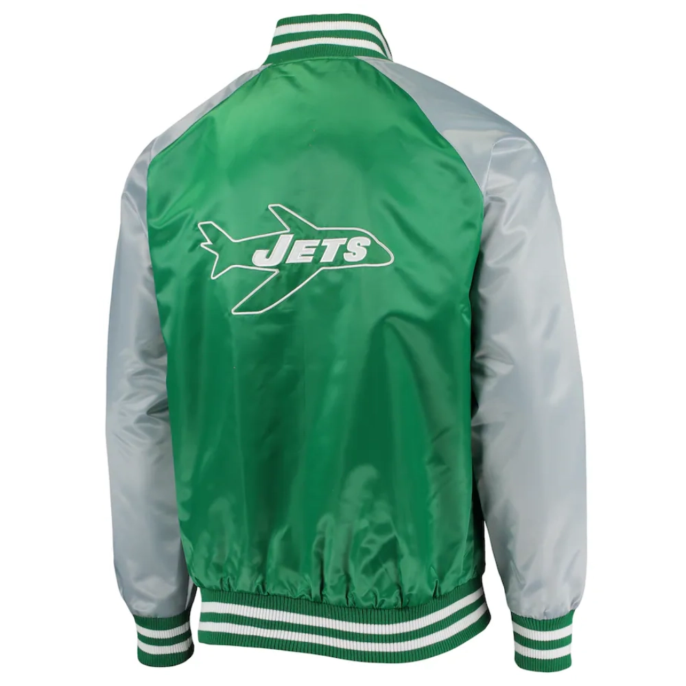 New York Jets Lead Off Full-Snap Green/Grey Satin Varsity Jacket - Image 2