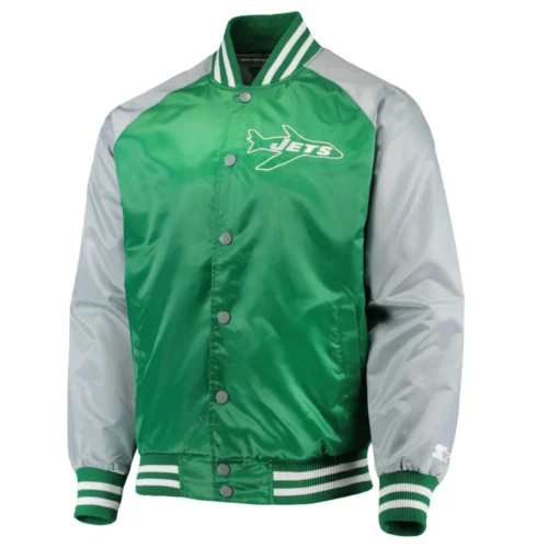 New York Jets Lead Off Full-Snap Green/Grey Satin Varsity Jacket