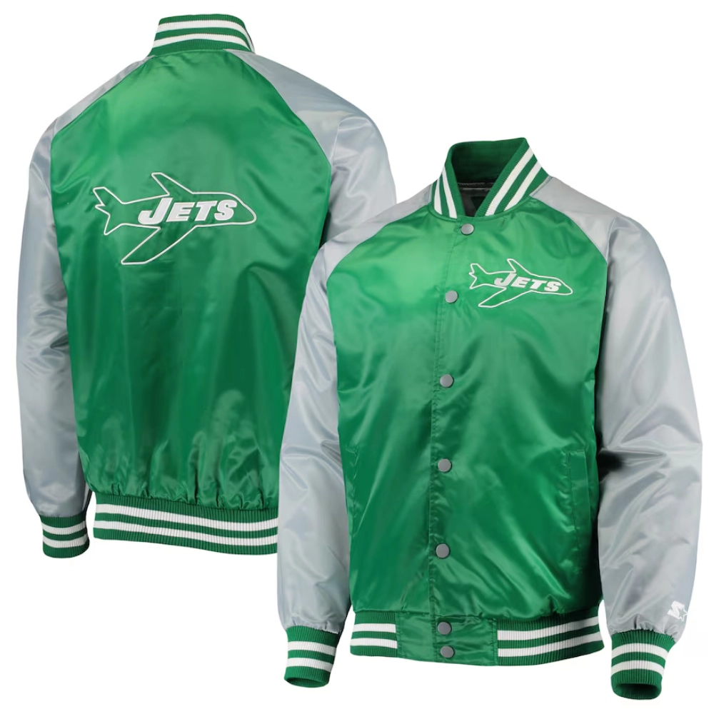 New York Jets Lead Off Full-Snap Green/Grey Satin Varsity Jacket - Image 4
