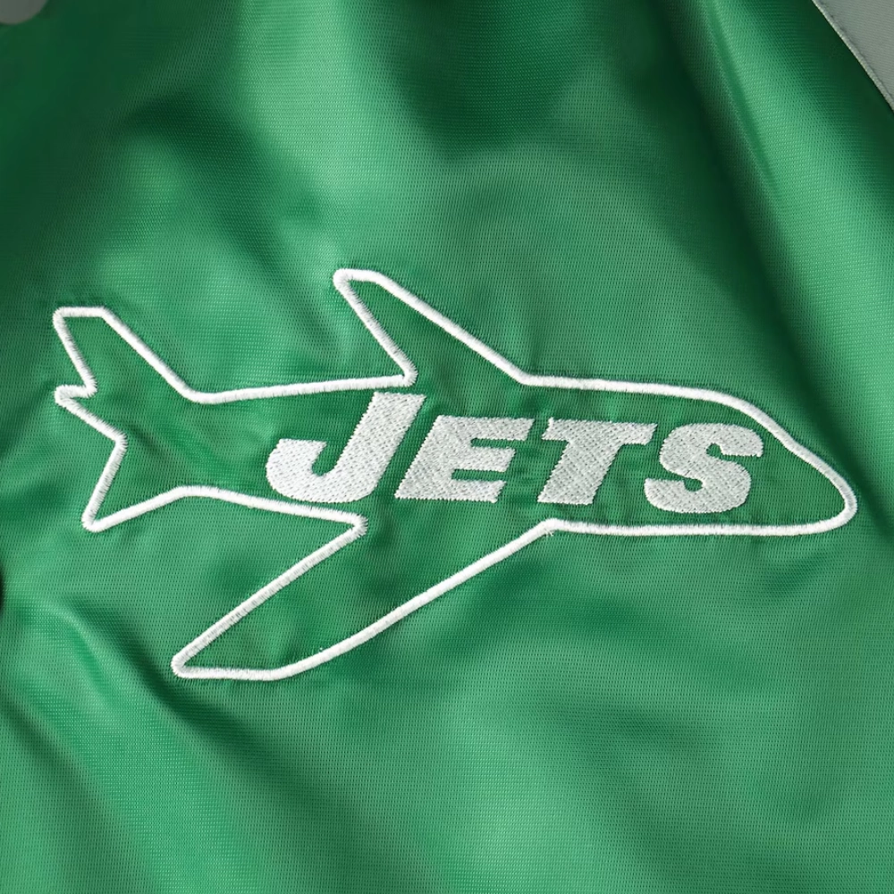 New York Jets Lead Off Full-Snap Green/Grey Satin Varsity Jacket - Image 3