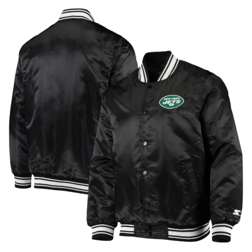 New York Jets Locker Room Black Satin Varsity Satin Jacket - Image 4