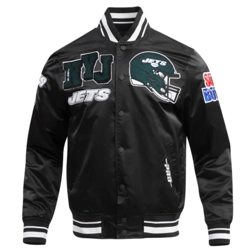 New York Jets Mashup Full-Snap Black Satin Varsity Jacket
