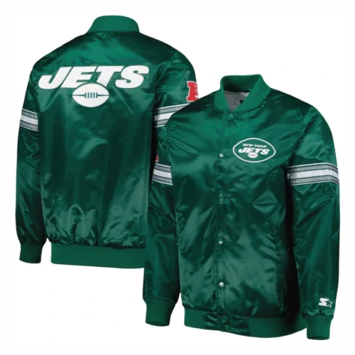 New York Jets Pick & Roll Full-Snap Green Satin Varsity Jacket - Image 4