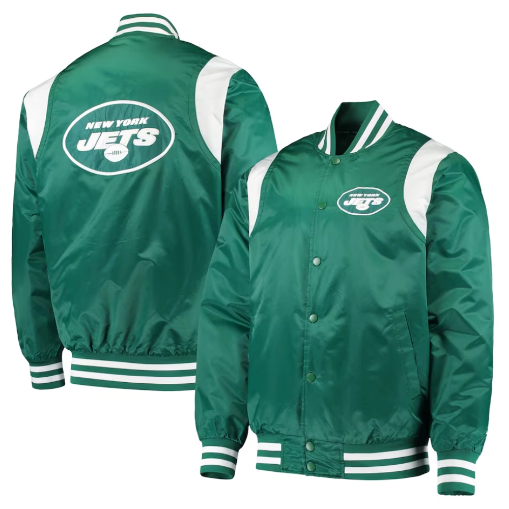 New York Jets Prime Time Green Satin Varsity Jacket - Image 4