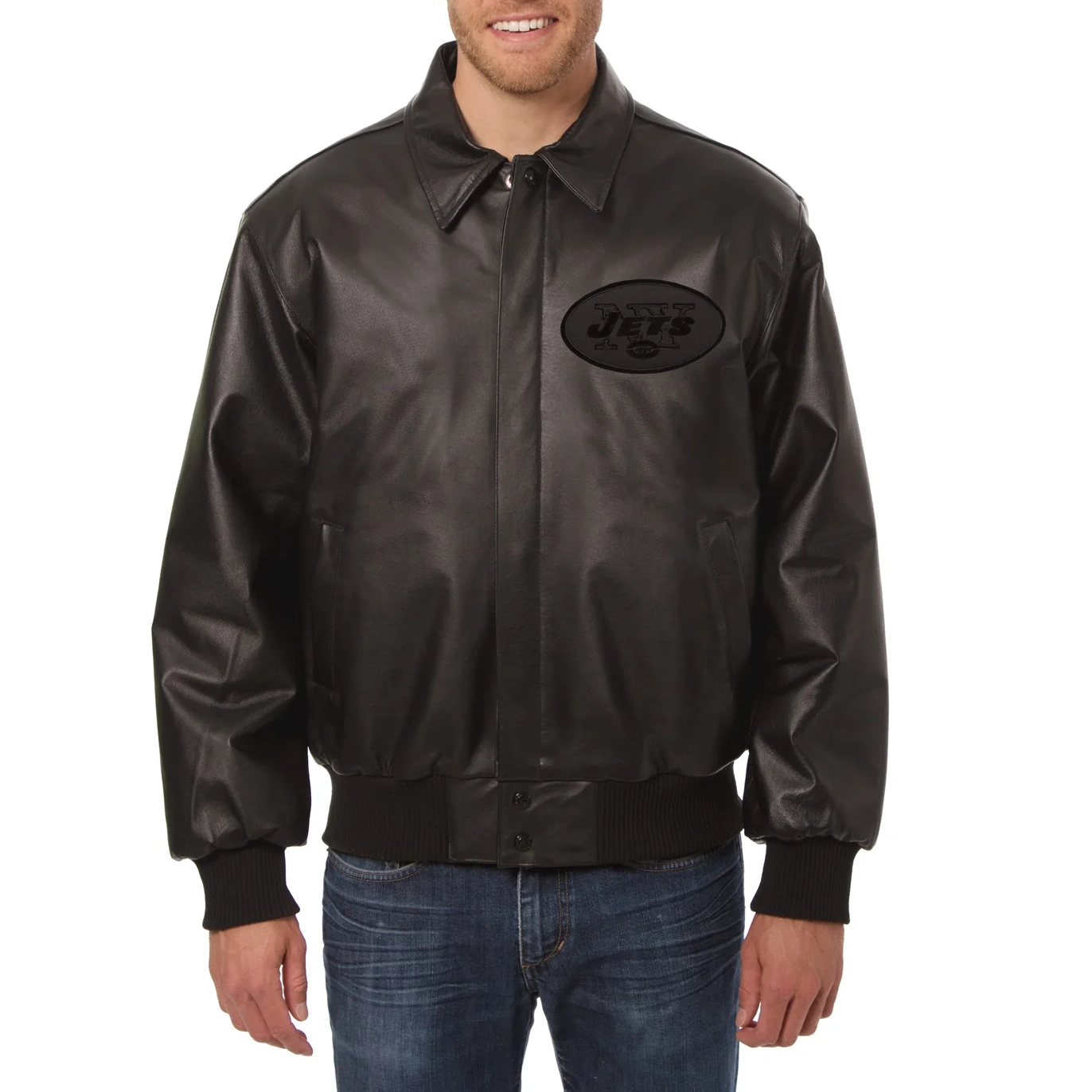 New York Jets Shirt Collar Full Leather Black Tonal Bomber Jacket