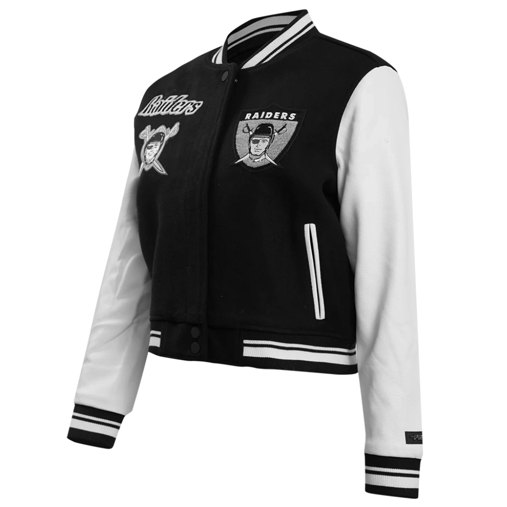 Las Vegas Raiders Retro Classic Women's Black/White Wool & Leather Varsity Jacket - Image 2