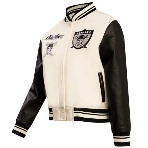 Alternative view of Las Vegas Raiders Retro Classic Women's White/Black Wool & Leather Varsity Jacket