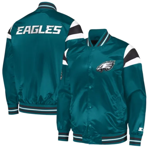Philadelphia Eagles Full-Snap Green Satin Varsity Jacket - Image 3