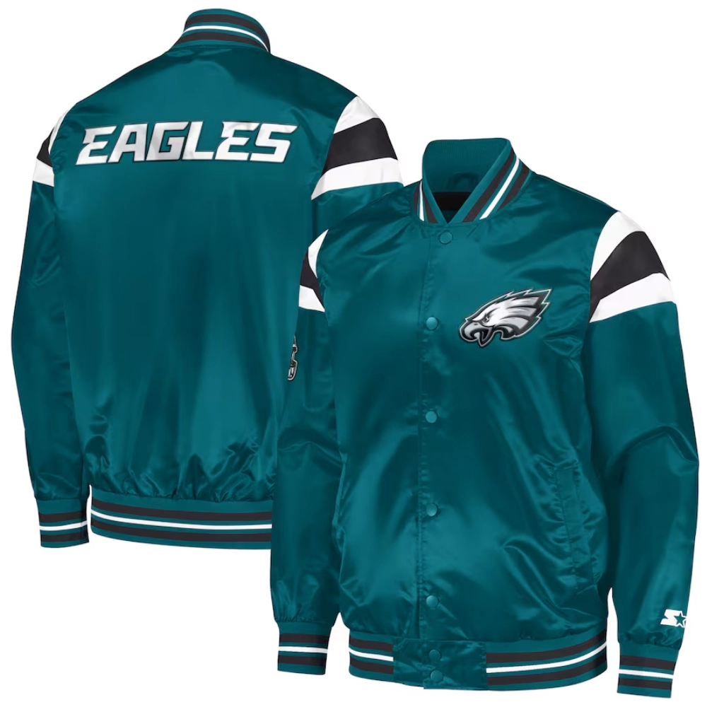 Philadelphia Eagles Full-Snap Green Satin Varsity Jacket - Image 3