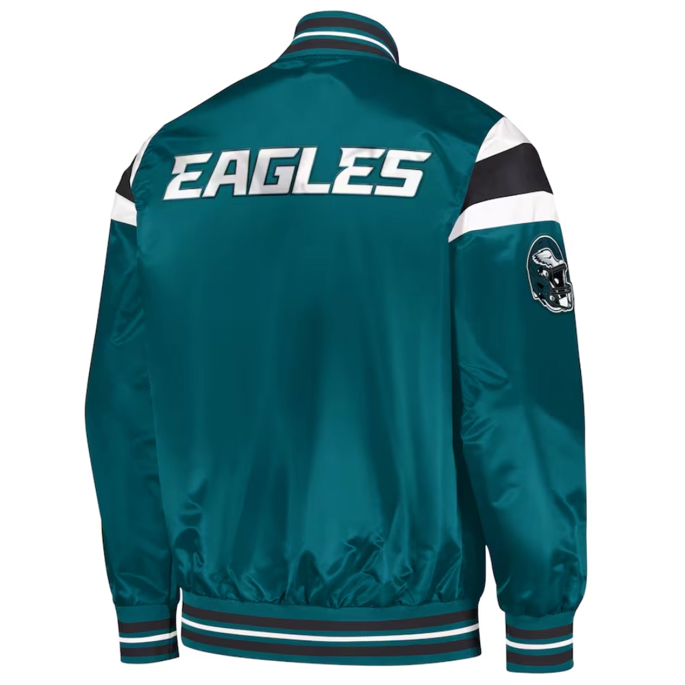 Philadelphia Eagles Full-Snap Green Satin Varsity Jacket - Image 2