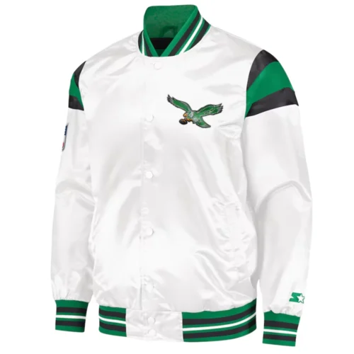 Philadelphia Eagles Full-Snap White Satin Varsity Jacket