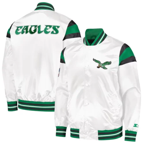 Philadelphia Eagles Full-Snap White Satin Varsity Jacket - Image 3