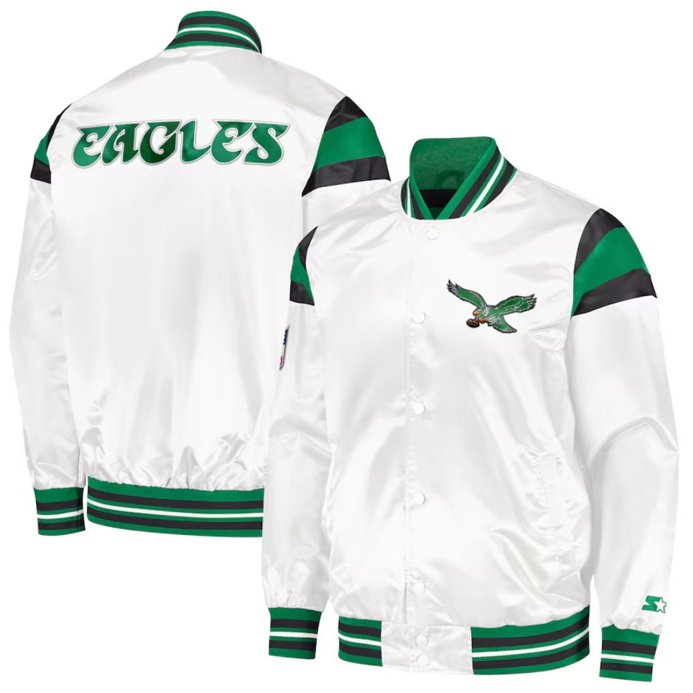 Philadelphia Eagles Full-Snap White Satin Varsity Jacket - Image 3