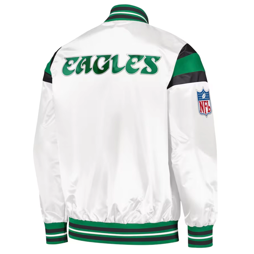 Philadelphia Eagles Full-Snap White Satin Varsity Jacket - Image 2