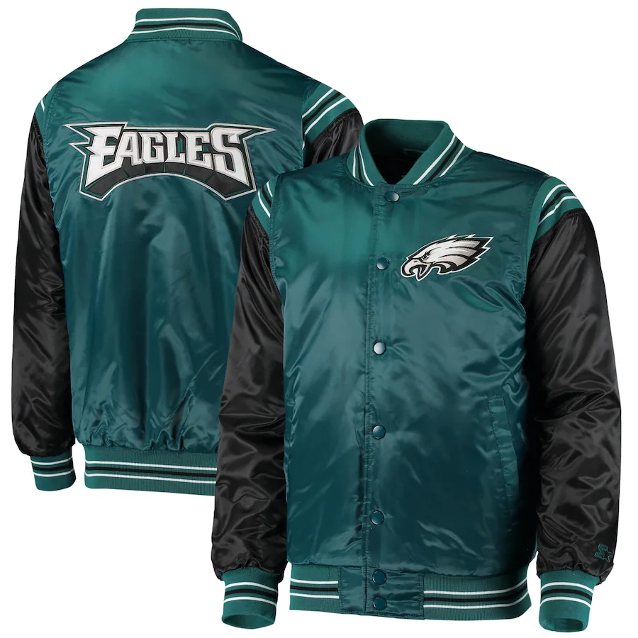 Philadelphia Eagles The Enforcer Green/Black Satin Varsity Jacket - Image 4