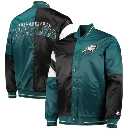 Philadelphia Eagles Leader Black/Green Satin Varsity Jacket - Image 4