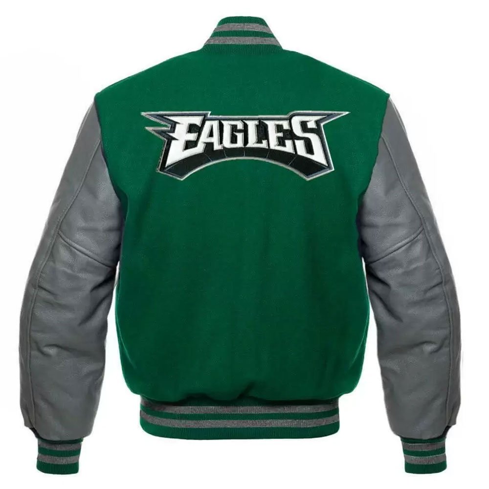Philadelphia Eagles Letterman Gray/Green Wool & Leather Varsity Jacket - Image 2