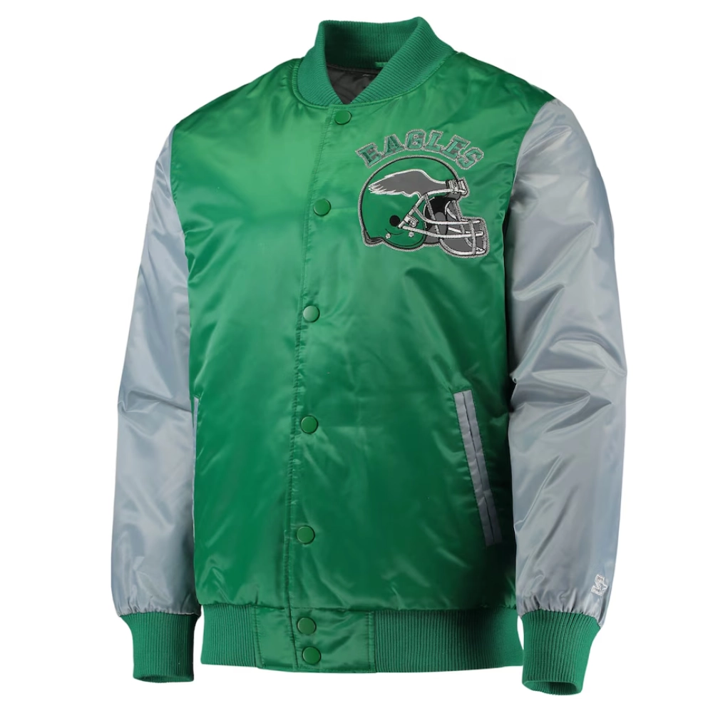 Philadelphia Eagles Locker Room Throwback Green/Grey Satin Varsity Jacket