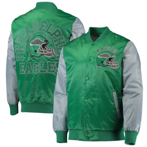 Philadelphia Eagles Locker Room Throwback Green/Grey Satin Varsity Jacket - Image 4