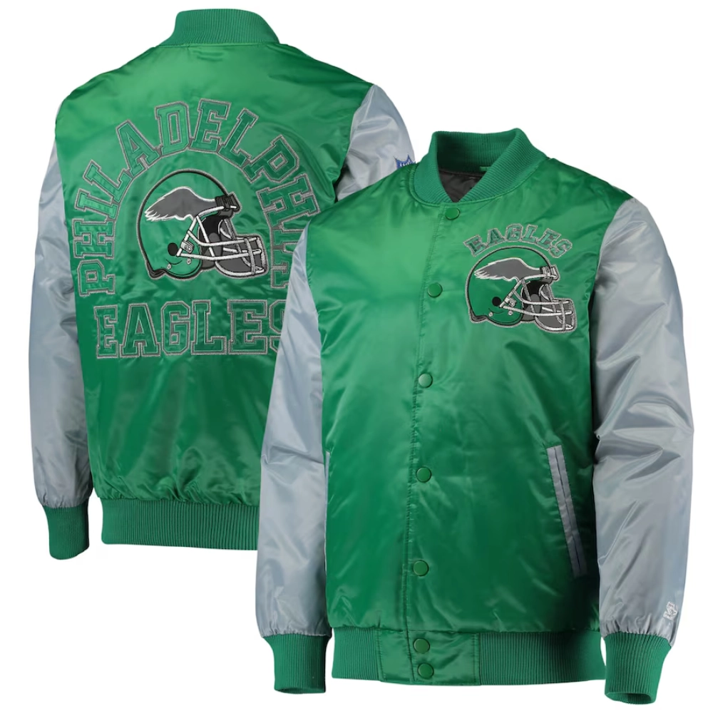 Philadelphia Eagles Locker Room Throwback Green/Grey Satin Varsity Jacket - Image 4