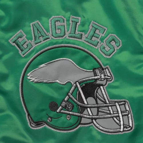 Philadelphia Eagles Locker Room Throwback Green/Grey Satin Varsity Jacket - Image 3