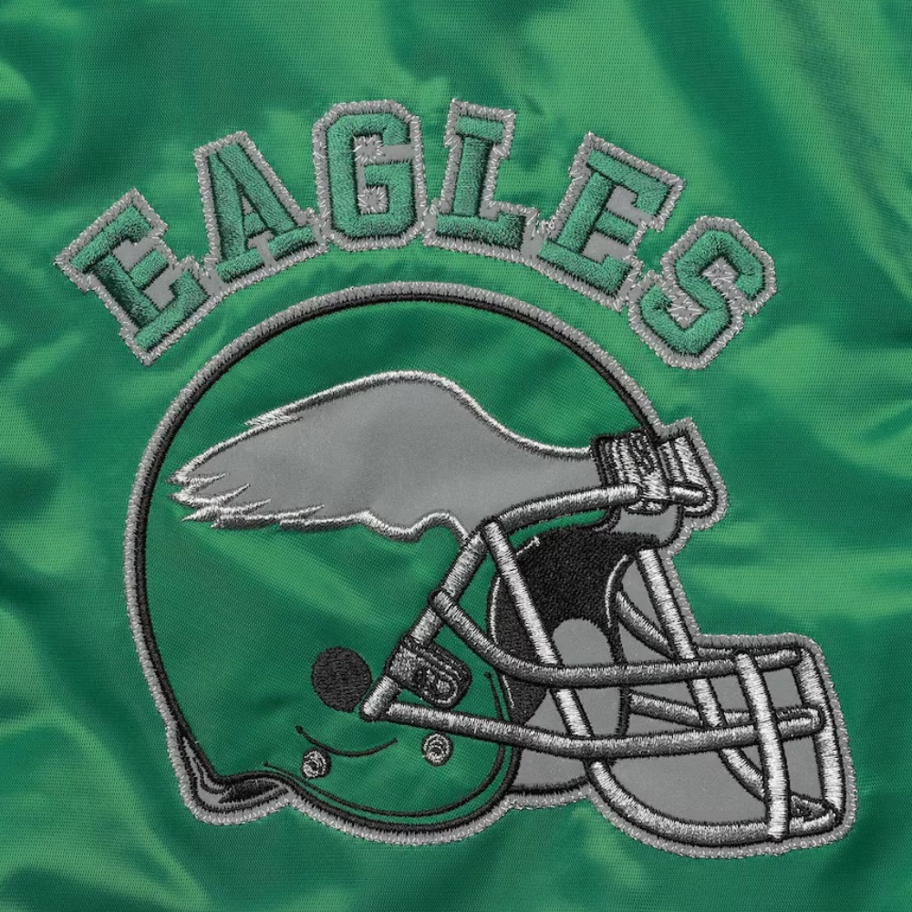 Philadelphia Eagles Locker Room Throwback Green/Grey Satin Varsity Jacket - Image 3
