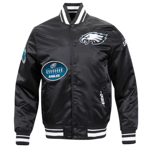 Philadelphia Eagles Old English Ribbed Knitted Black Satin Varsity Jacket