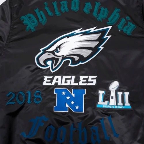 Philadelphia Eagles Old English Ribbed Knitted Black Satin Varsity Jacket - Image 5