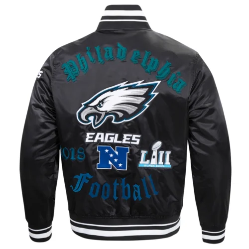 Philadelphia Eagles Old English Ribbed Knitted Black Satin Varsity Jacket - Image 4