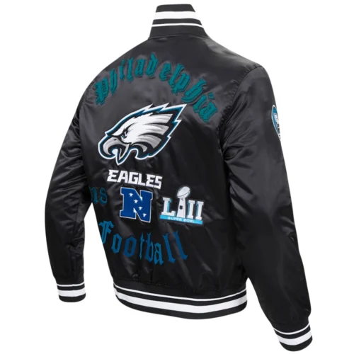 Philadelphia Eagles Old English Ribbed Knitted Black Satin Varsity Jacket - Image 3