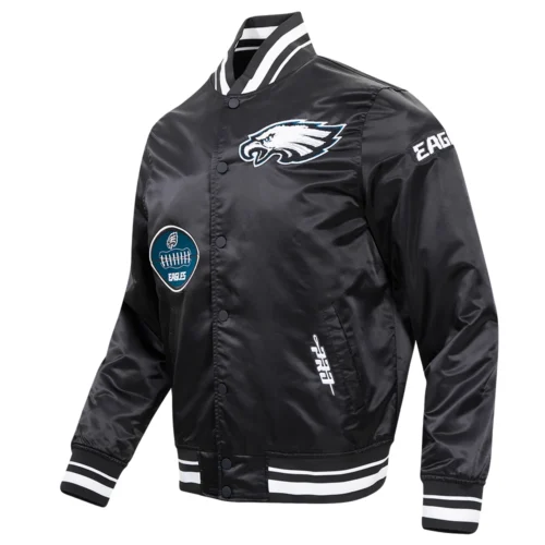 Alternative view of Philadelphia Eagles Old English Ribbed Knitted Black Satin Varsity Jacket