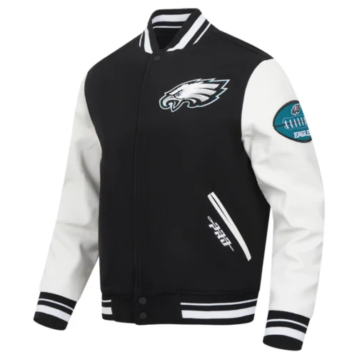 Alternative view of Philadelphia Eagles Old English Black/White Wool & Leather Varsity Jacket