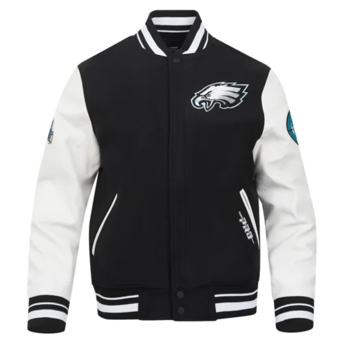 Philadelphia Eagles Old English Black/White Wool & Leather Varsity Jacket