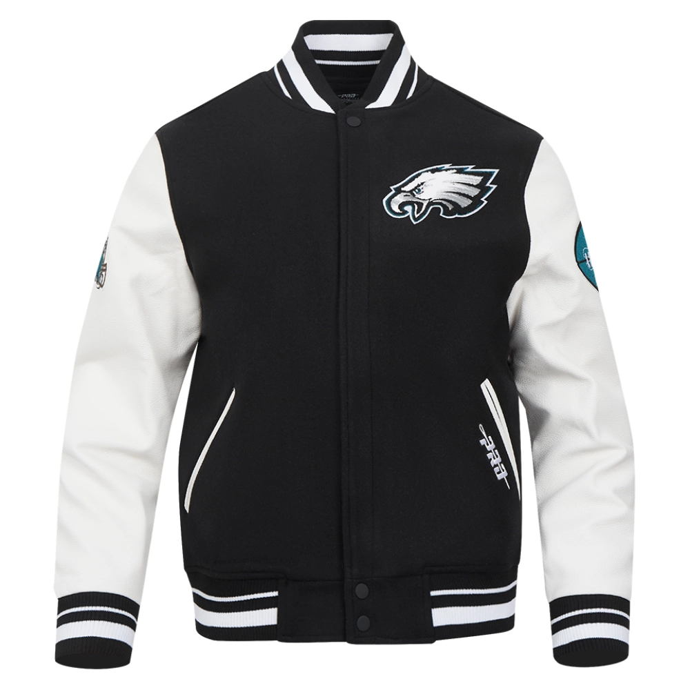 Philadelphia Eagles Old English Black/White Wool & Leather Varsity Jacket
