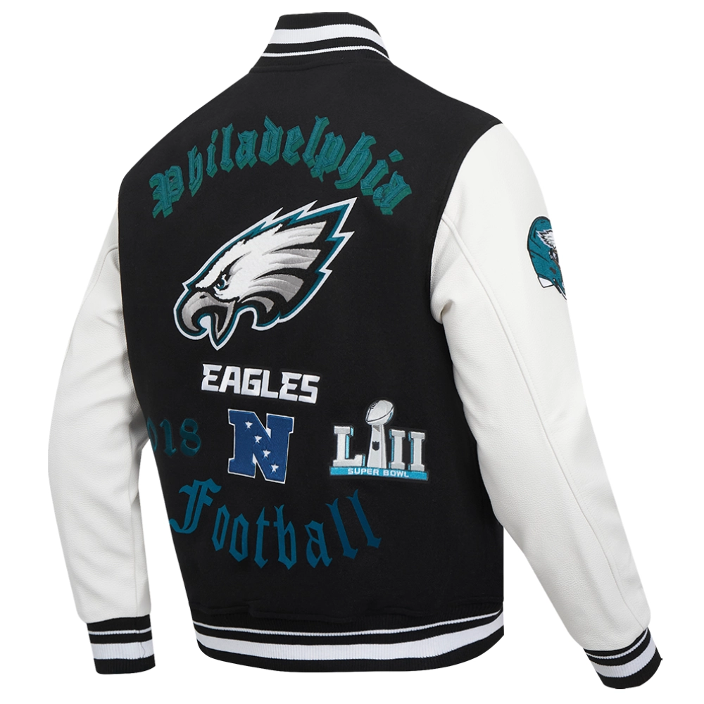 Philadelphia Eagles Old English Black/White Wool & Leather Varsity Jacket - Image 3