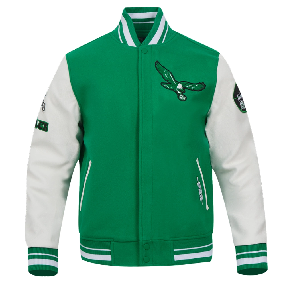 Philadelphia Eagles Old English Green/White Wool & Leather Varsity Jacket