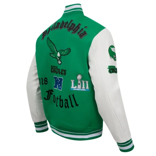 Philadelphia Eagles Old English Green/White Wool & Leather Varsity Jacket - Image 3