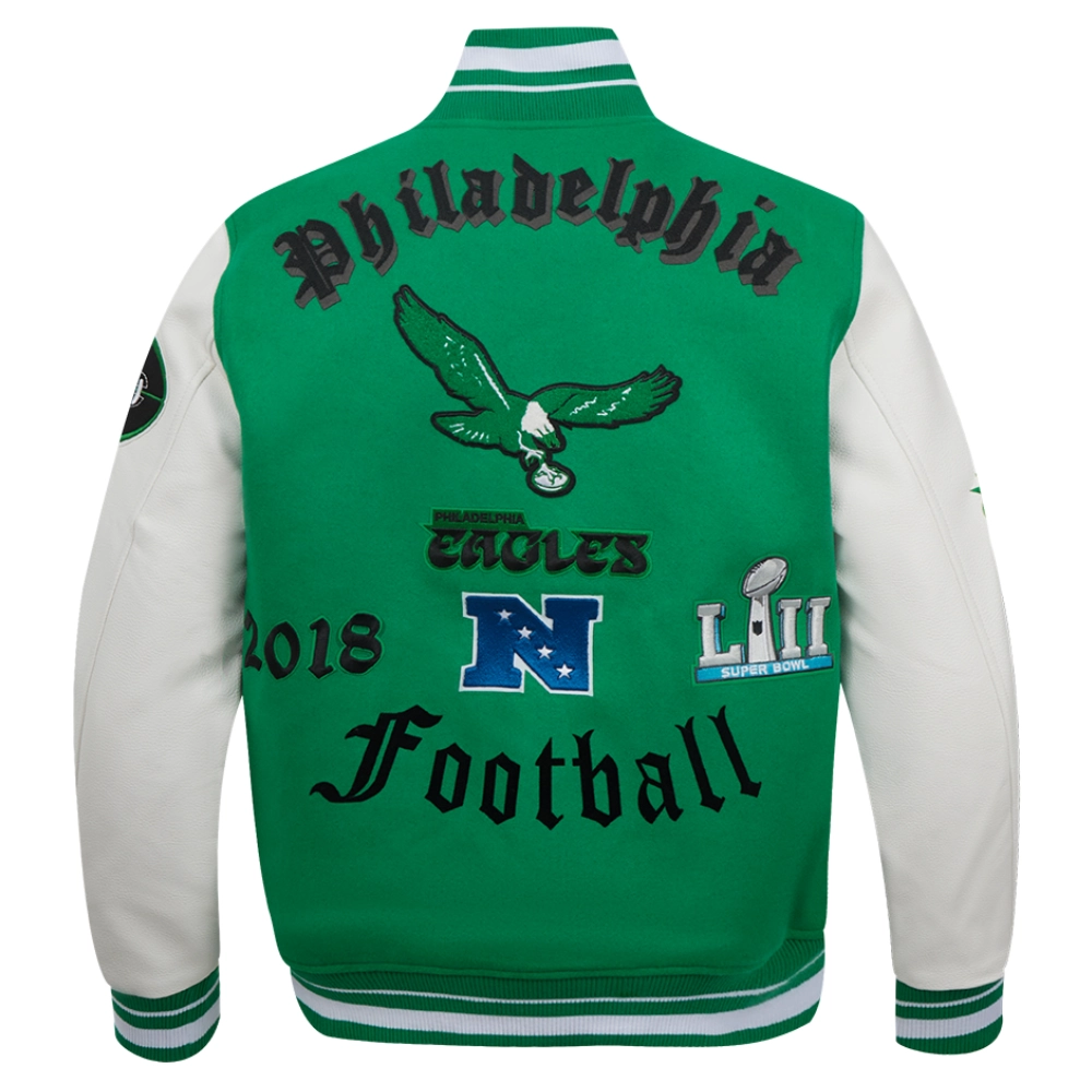 Philadelphia Eagles Old English Green/White Wool & Leather Varsity Jacket - Image 4