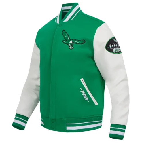 Alternative view of Philadelphia Eagles Old English Green/White Wool & Leather Varsity Jacket