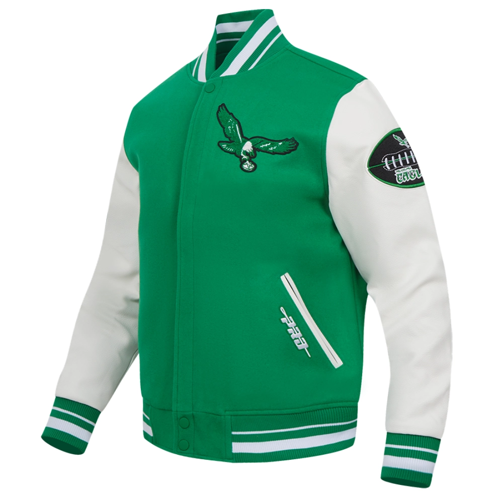 Philadelphia Eagles Old English Green/White Wool & Leather Varsity Jacket - Image 2