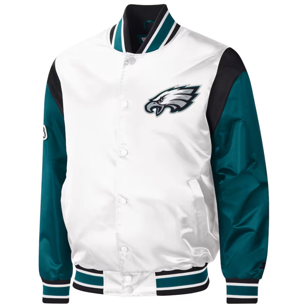 Philadelphia Eagles Pitch Full-Snap White/Green Satin Varsity Jacket