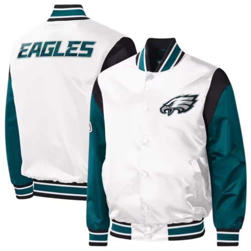 Philadelphia Eagles Pitch Full-Snap White/Green Satin Varsity Jacket - Image 3