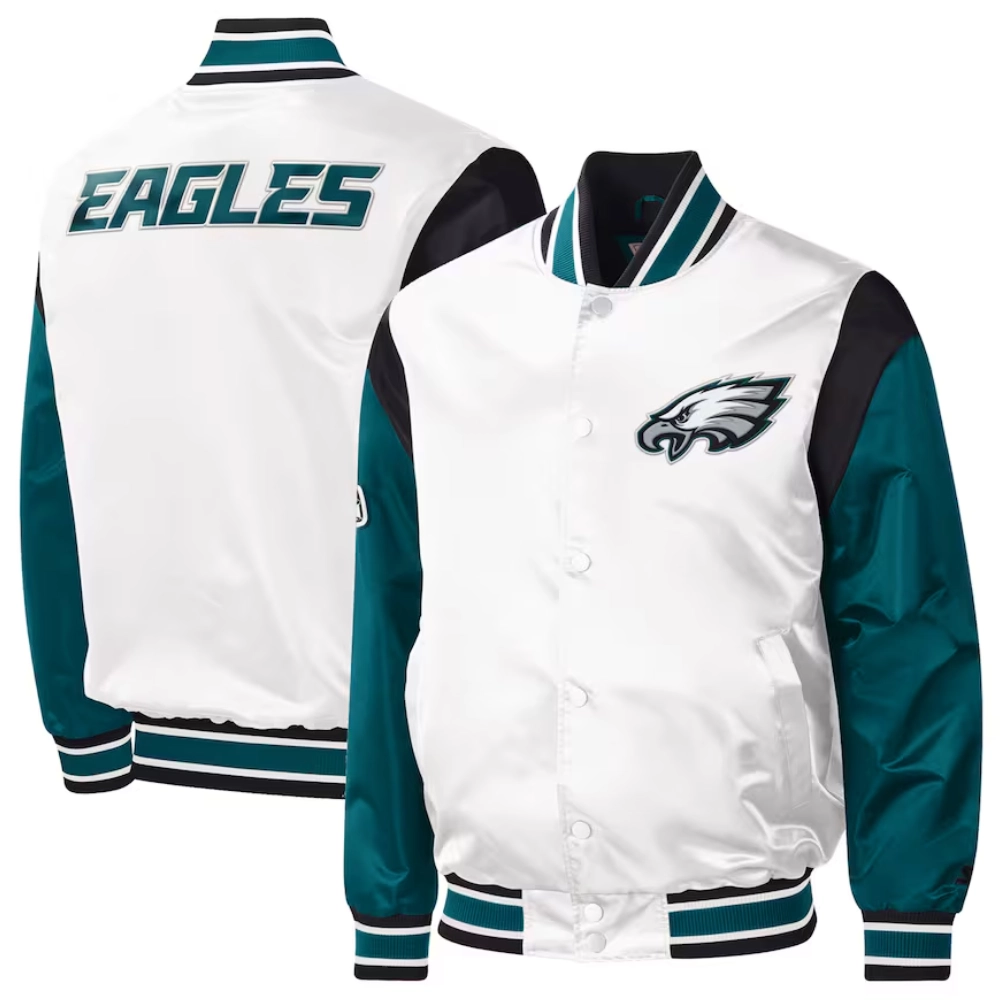 Philadelphia Eagles Pitch Full-Snap White/Green Satin Varsity Jacket - Image 3