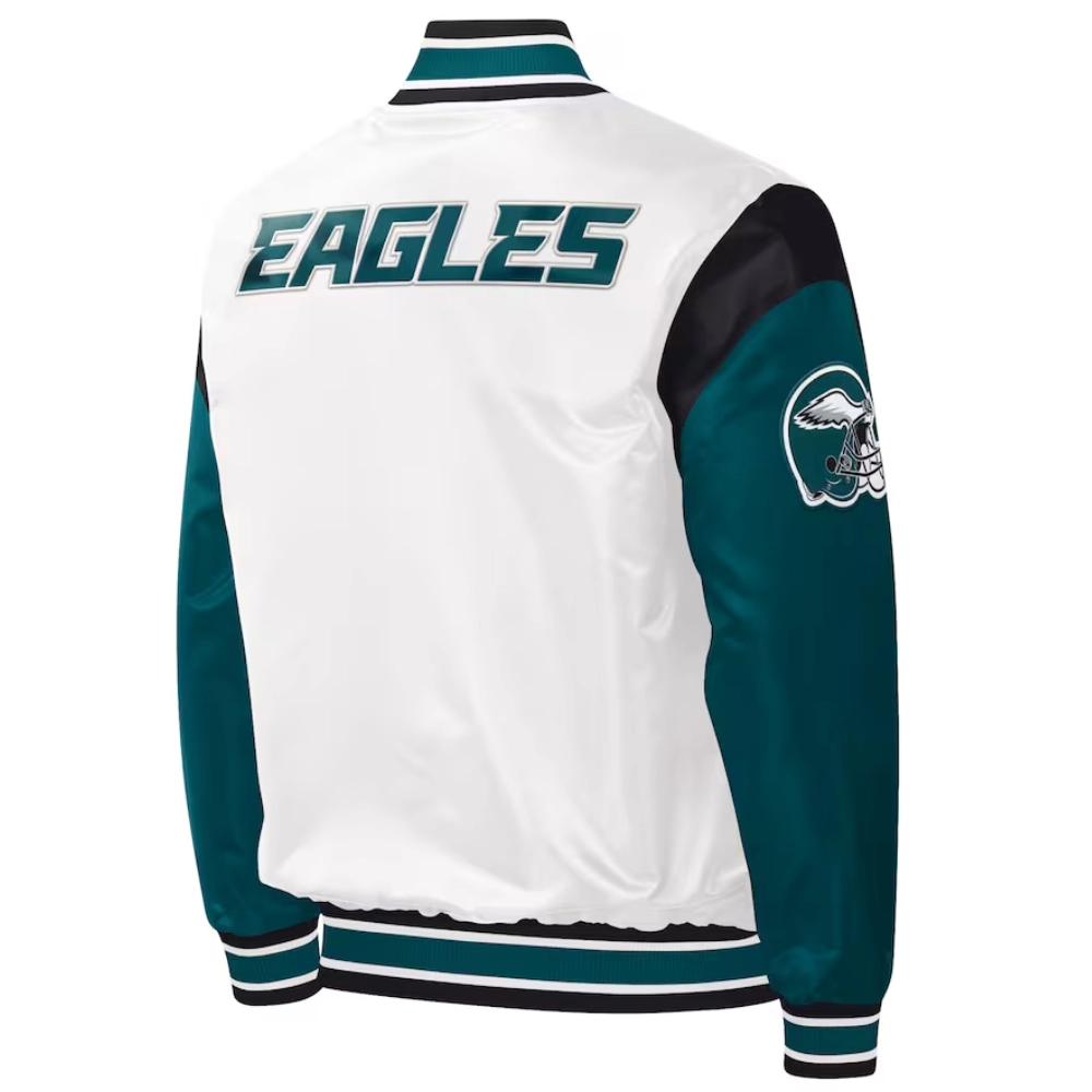 Philadelphia Eagles Pitch Full-Snap White/Green Satin Varsity Jacket - Image 2