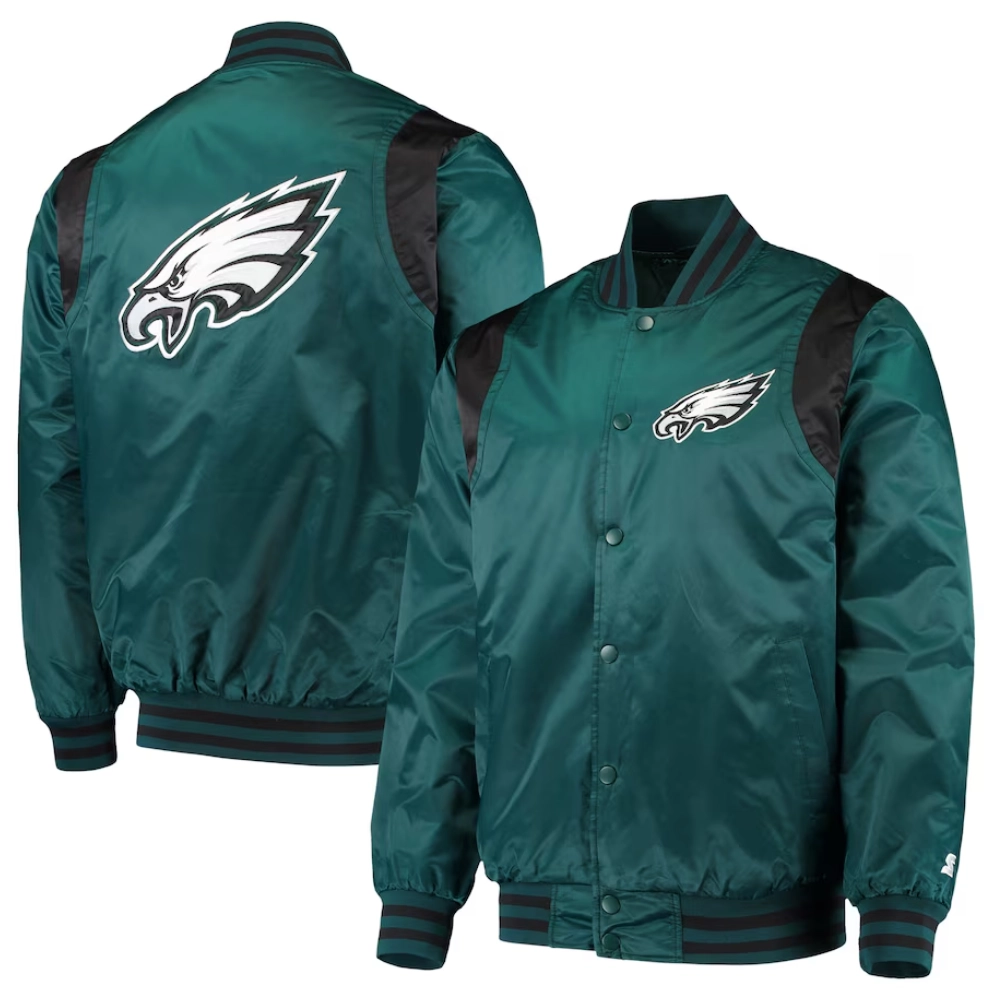 Philadelphia Eagles Prime Time Full-Snap Green Satin Varsity Jacket - Image 4