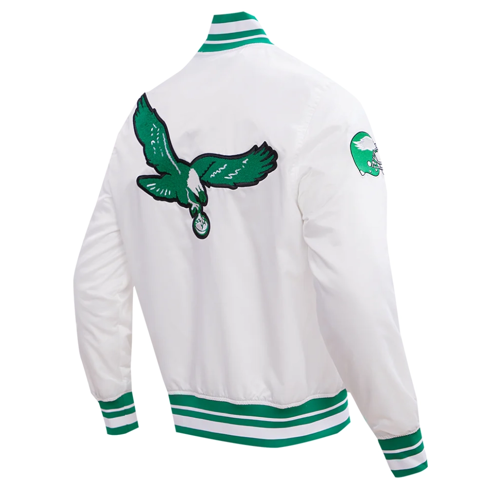 Philadelphia Eagles Retro Classic Full-Snap White Satin Varsity Jacket - Image 3