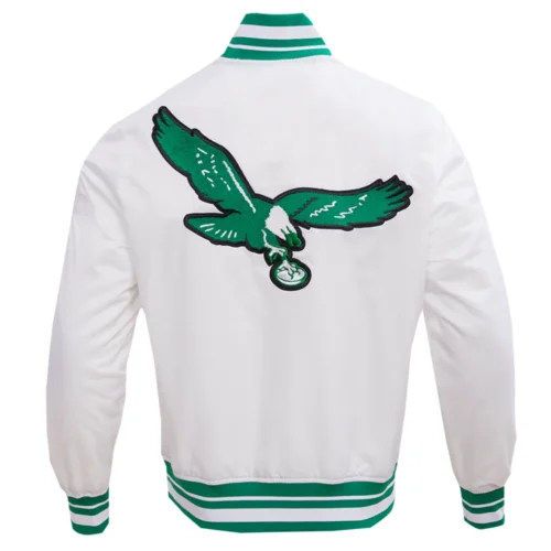 Philadelphia Eagles Retro Classic Full-Snap White Satin Varsity Jacket - Image 7