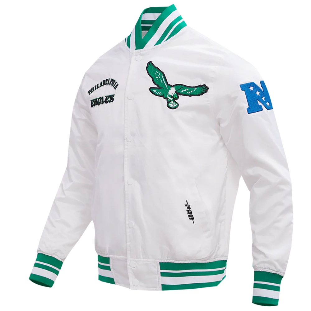 Philadelphia Eagles Retro Classic Full-Snap White Satin Varsity Jacket - Image 2