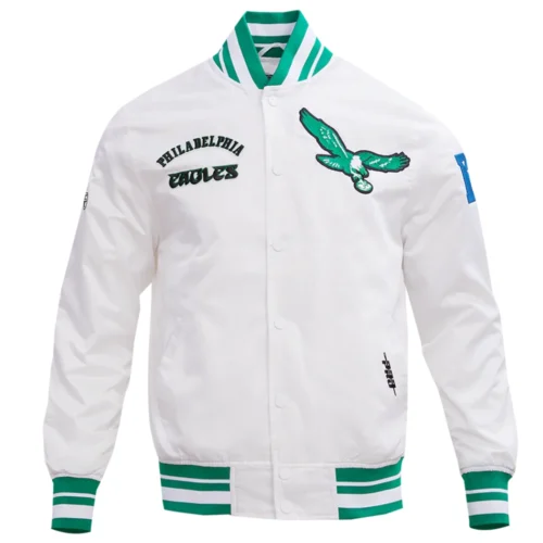 Philadelphia Eagles Retro Classic Full-Snap White Satin Varsity Jacket