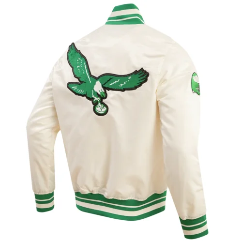 Philadelphia Eagles Retro Classic Full-Snap Cream Satin Varsity Jacket - Image 3